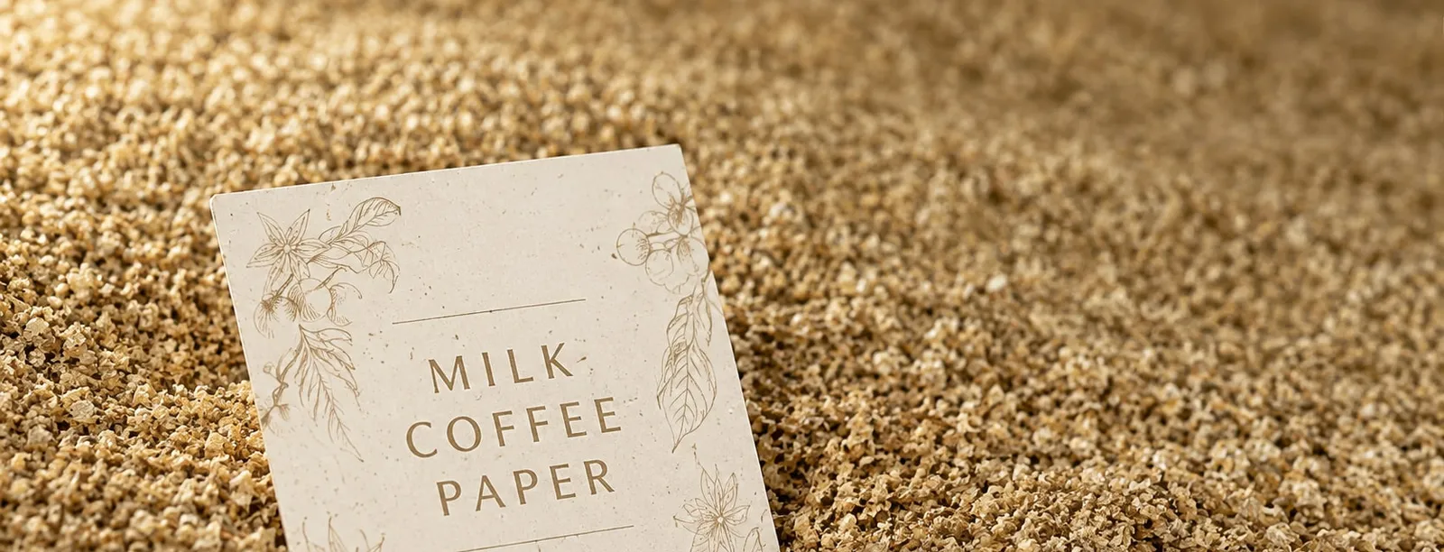コーヒー豆の焙煎かすの上に立つ MILK COFFEE PAPER の一枚