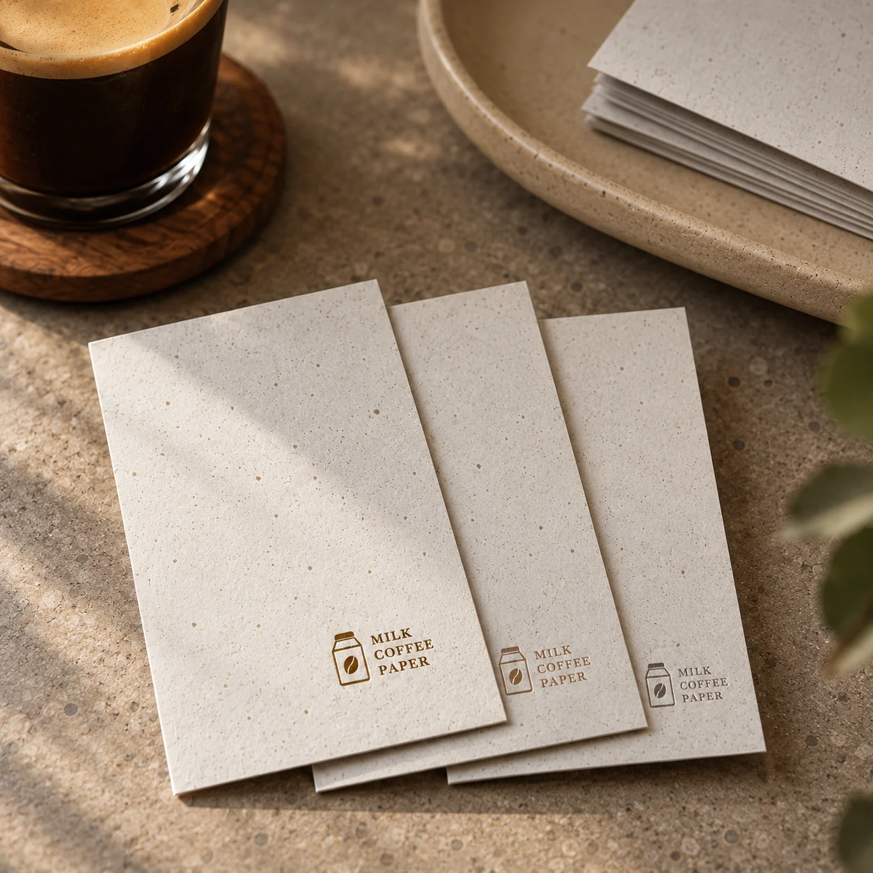 MILK COFFEE PAPER で作ったコーヒー店のショップカード。活版印刷と箔押しの仕上げ
