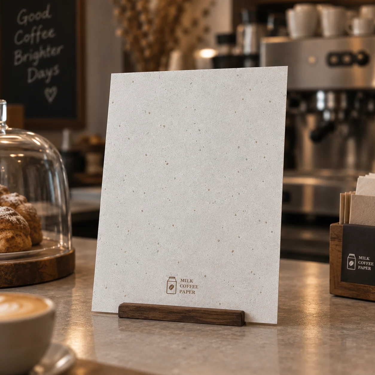 コーヒー店のカウンターに置かれた MILK COFFEE PAPER の印刷物