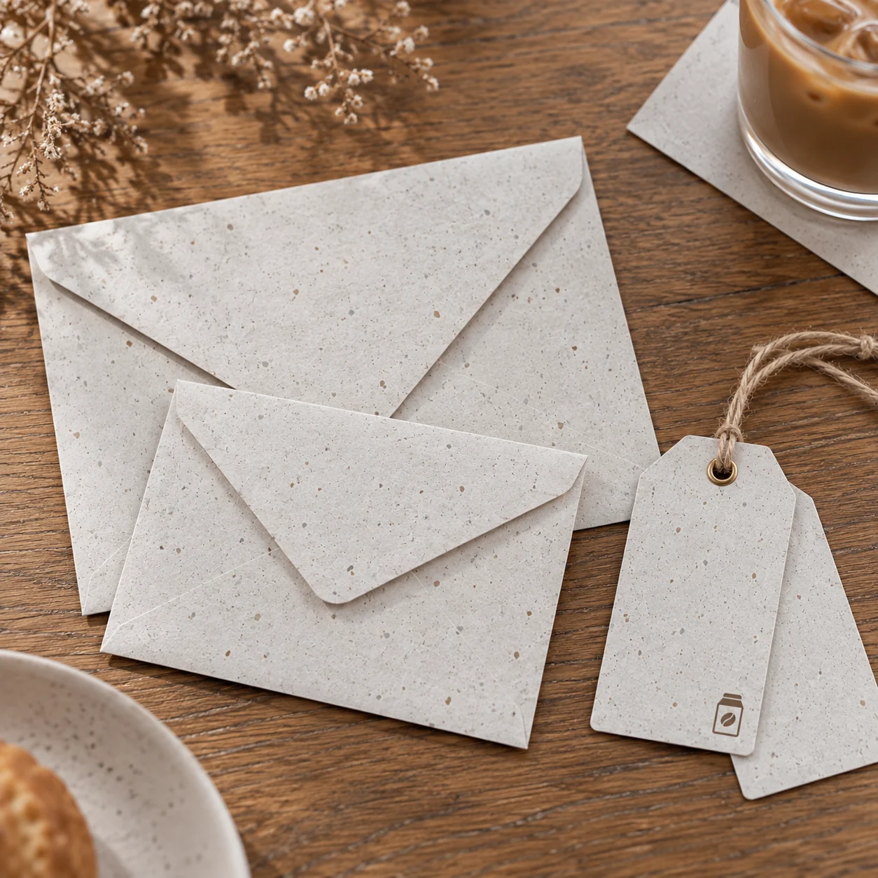 MILK COFFEE PAPER で作った封筒とコーヒー豆袋のタグ